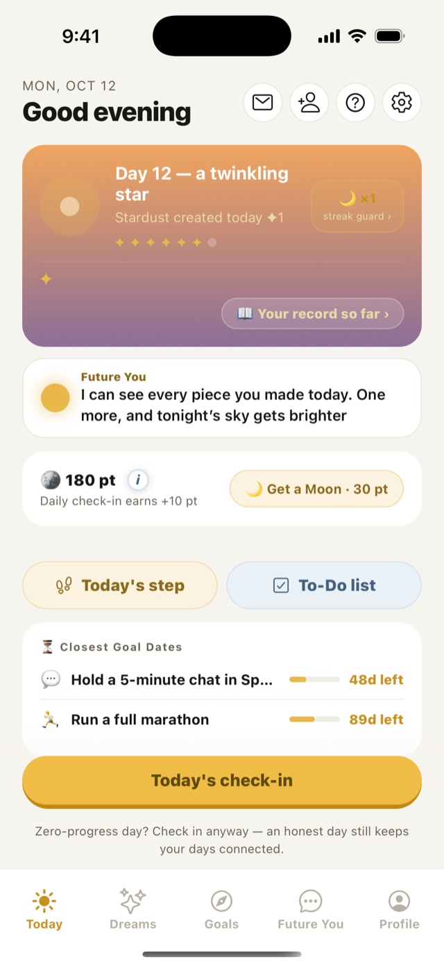 Today screen at sunset, with the check-in button