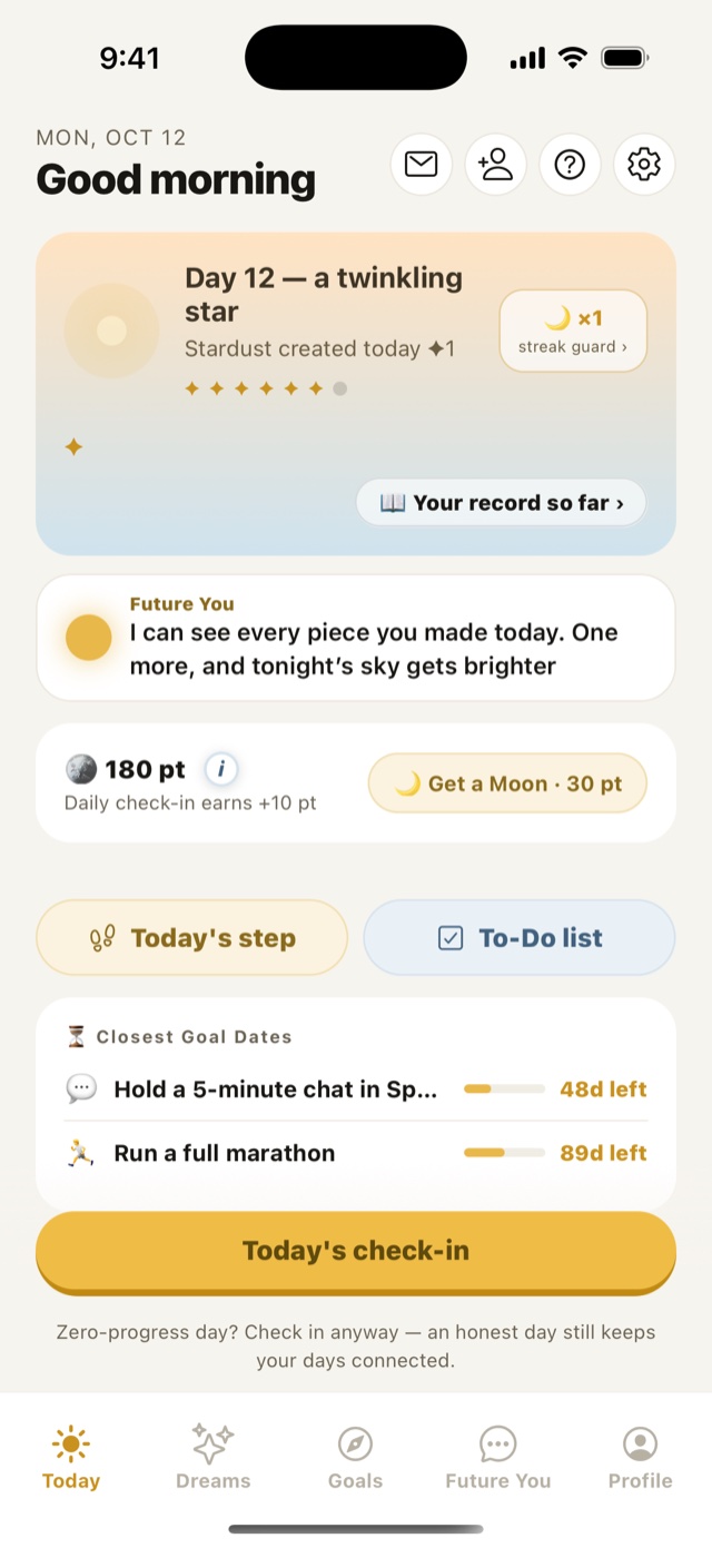 Today screen in the morning: sunrise sky, Day 12, a word from Future You, and today's check-in